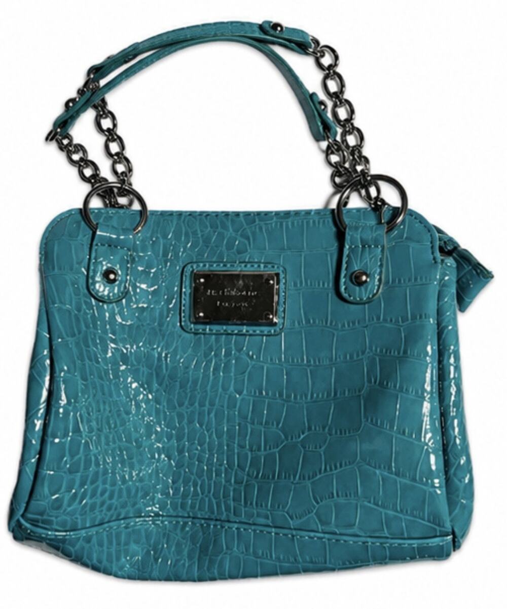 Liz Claiborne Teal Croc Embossed Patent Shoulder Handbag Chain Strap Purse